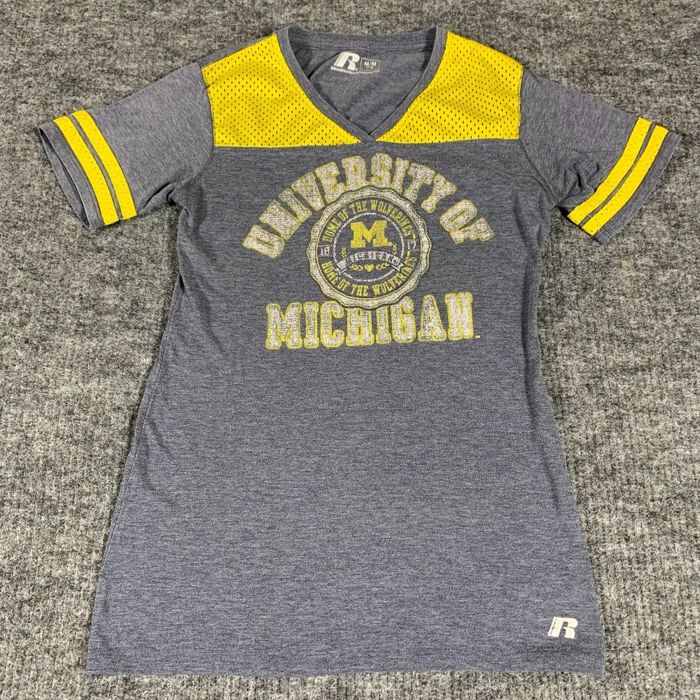 Russell Michigan Wolverines T Shirt Girls M Blue Yellow Mesh V Neck Football